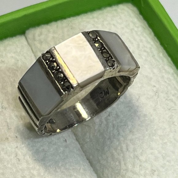 Abalone Shell Trilogy Panel .925 Sterling Silver Vintage Ring - Picture 3 of 11